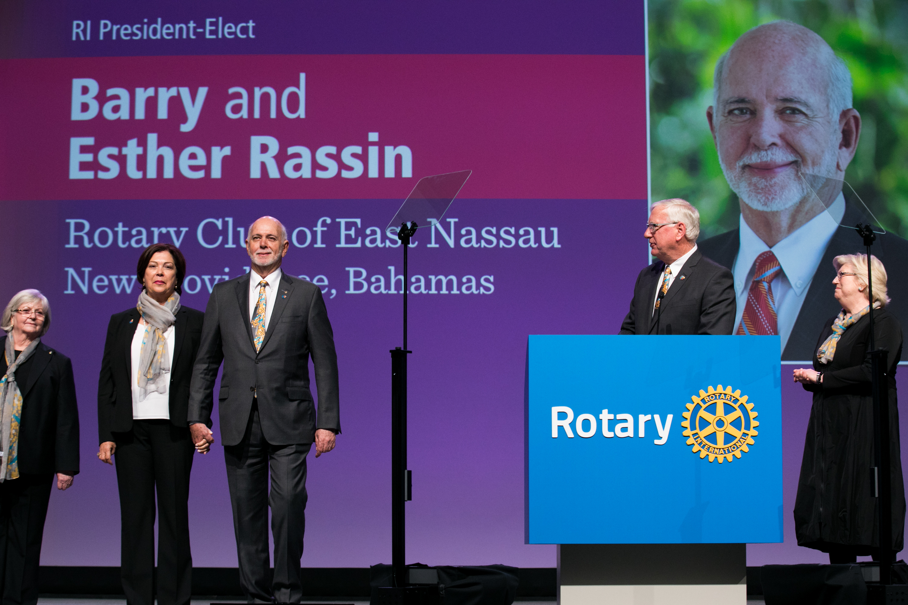 Ian H.S. Riseley, 2017-18 RI president, introduces president-elect Barry Rassin and the RI Board of Directors during general session 2 of the International Assembly, 15 January 2018, San Diego, California, USA.